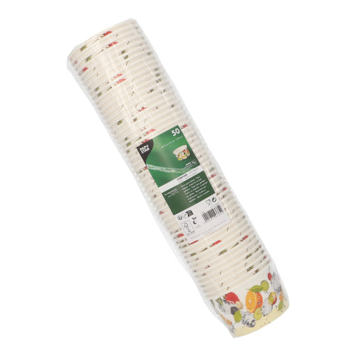 El paquete sellado PAPSTAR 50 vasos de helado, cartón redondo de PAPSTAR GmbH con motivos de frutas y verduras es ideal para servir helado. La etiqueta verde del producto es bien visible en el empaque.
