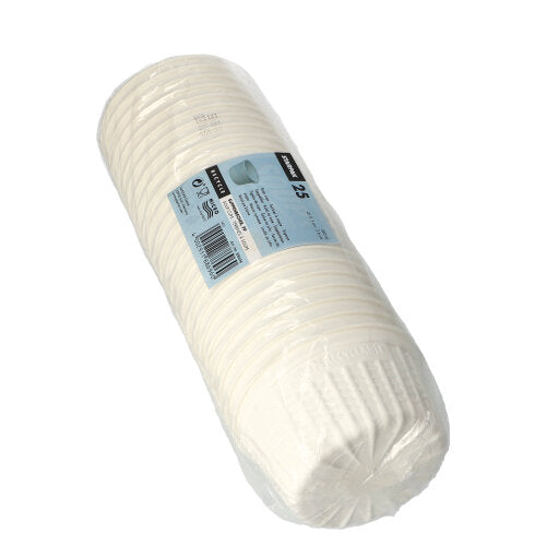 Eine Packung mit 25 weißen Starpak Suppenbechern "To Go", PP, 500 ml, Ø 11,5 cm, verpackt in einer durchsichtigen Plastikverpackung mit blau-schwarzem Etikett.