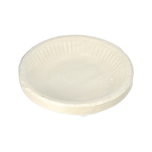 Ein Stapel PAPSTAR 12 Schalen, runde weiße Pappschalen (Ø 19 cm, 3 cm hoch) aus Schrumpffolie der Marke PAPSTAR GmbH ist vor weißem Hintergrund zu sehen.