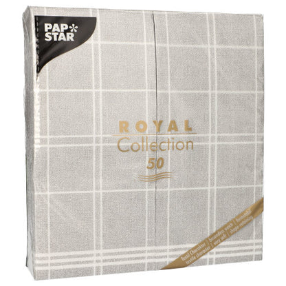 Die PAPSTAR 50 Servietten "ROYAL Collection" 1/6-Falz 48x33 cm "Kitchen Craft" der PAPSTAR GmbH im grau-weiß karierten Design eignen sich ideal für elegant gedeckte Tische. Jede Packung enthält 50 Servietten.