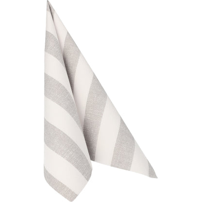 Eine grau-weiß gestreifte Stoffserviette hängt vor einem weißen Hintergrund, ähnlich wie PAPSTAR GmbH 50 Servietten "ROYAL Collection" 1/4-Falz 40 x 40 cm grau.