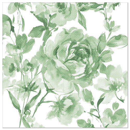 Eine quadratische Leinwand zeigt grüne Blumenkunst im Aquarellstil mit Rosen und Blättern, inspiriert von den 50 Servietten "ROYAL Collection" 1/4-Falz 40 x 40 cm grün der PAPSTAR GmbH, vor weißem Hintergrund.