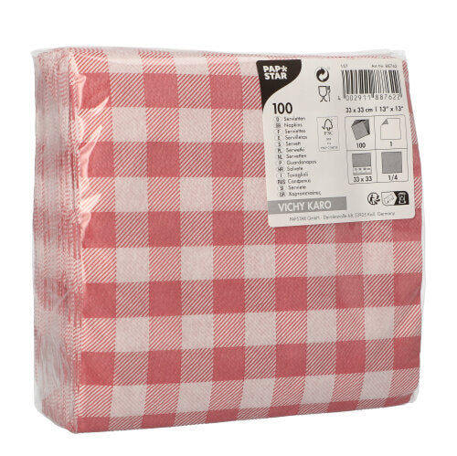 A pack of 100 PAPSTAR 1-ply napkins (33x33cm, red/white checkered), shrink-wrapped in FSC-certified plastic with multilingual info, brand PAPSTAR GmbH, material details and product symbols on the packaging.