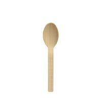 A single PAPSTAR "Pure" bamboo coffee spoon, 11 cm, with a rounded bowl and flat handle, is shown centered on a white background, highlighting its eco-friendly design; packaging: folding box containing 50 pieces, from PAPSTAR GmbH.