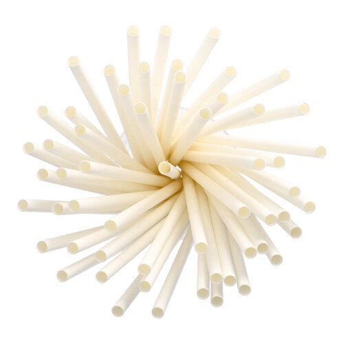 Ein Cluster von PAPSTAR Shake-Halme Papier Ø 8 mm, 25 cm (135 Stück) der PAPSTAR GmbH ist in einem kreisförmigen, strahlenförmigen Muster angeordnet und von oben auf einem weißen Hintergrund betrachtet.