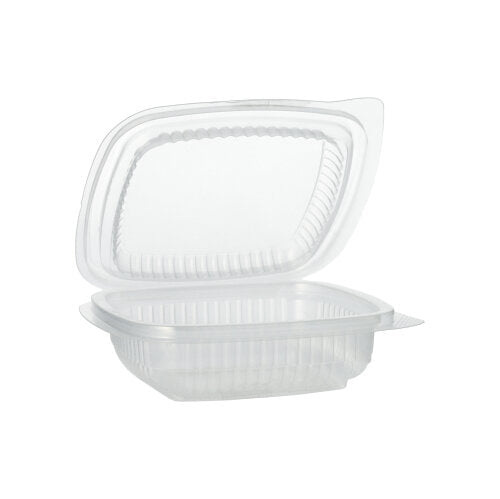 Ein Starpak 100 Verpackungsbecher mit Klappdeckeln, rechteckig und transparent aus PP, ist halb geöffnet vor weißem Hintergrund zu sehen.