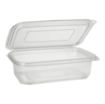 Ein transparenter, rechteckiger Starpak 50 Verpackungsbecher mit Klappdeckeln von Starpak ist offen und leer und wird vor einem schlichten weißen Hintergrund gezeigt.