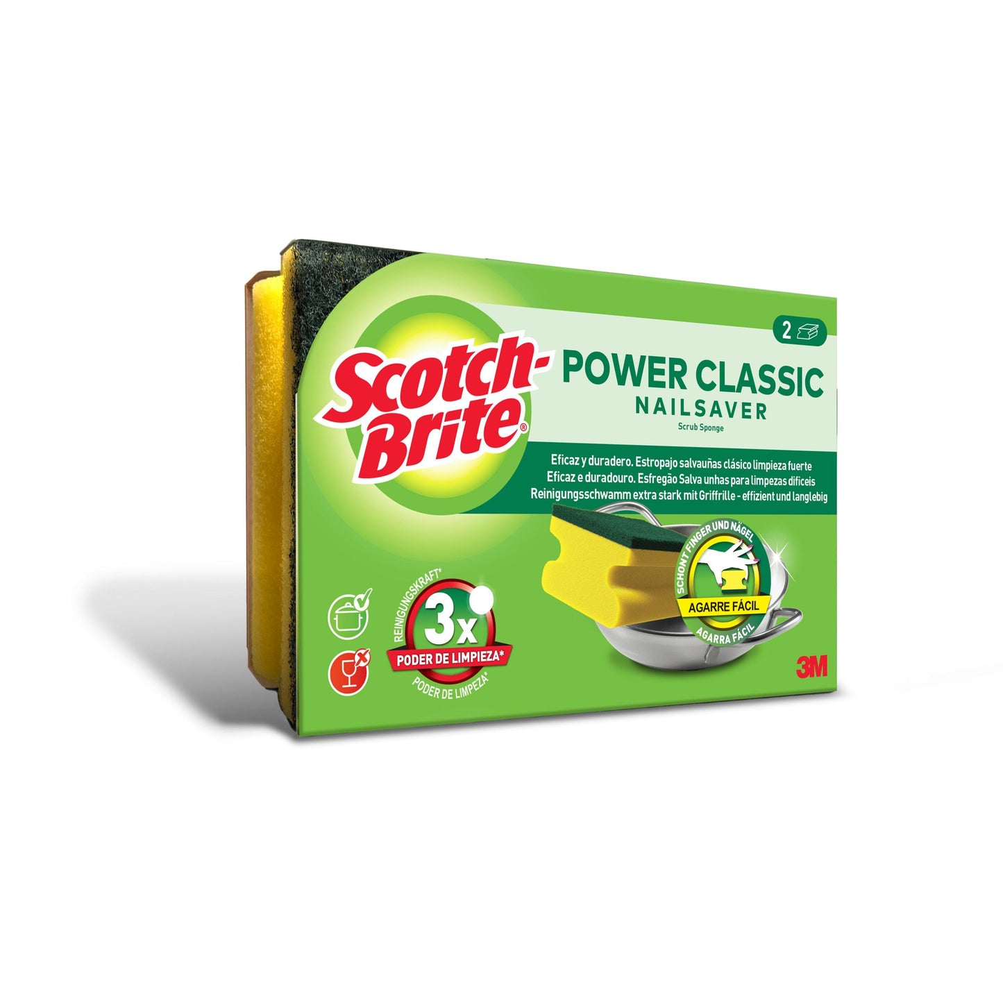 Un paquete de esponjas con mango Scotch-Brite® Classic (2 unidades), de 3M Deutschland GmbH, con esponjas amarillas y almohadilla verde para fregar. Con rendimiento de limpieza y diseño ergonómico, logotipo de 3M en el empaque.
