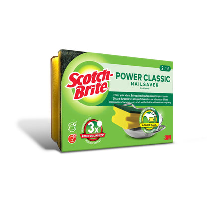 Un paquete de esponjas con mango Scotch-Brite® Classic (2 unidades), de 3M Deutschland GmbH, con esponjas amarillas y almohadilla verde para fregar. Con rendimiento de limpieza y diseño ergonómico, logotipo de 3M en el empaque.