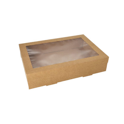 The Starpak 10 transport and catering box made of rectangular brown cardboard with a separate lid and PET viewing window is placed on a white background.