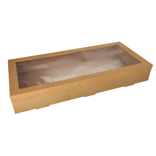 The Starpak 10 transport and catering box made of sturdy, rectangular brown cardboard with a separate lid and PET viewing window is placed on a white background. The Starpak brand box is empty.