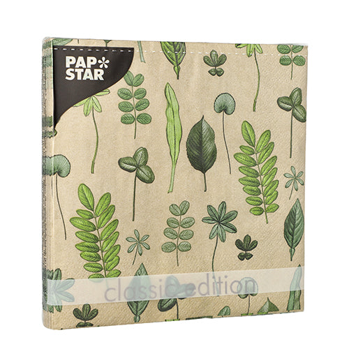 En brun PAPSTAR-serviettpakke med grønt bladmotiv, merket med "classic edition", inneholder 20 trelags servietter (33x33 cm, 1/4-fold) fra Design Set 6 av PAPSTAR GmbH.
