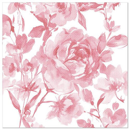 De 20 serviettene "ROYAL Collection" (1/4-fals, 40 x 40 cm) fra PAPSTAR GmbH tilbyr med sitt tette, rosa akvarell-rose- og bladmotiv på hvitt en høy kvalitet på tissue - ideelt for det elegant dekkede bordet.
