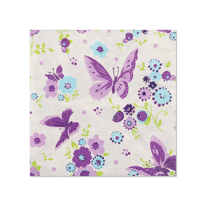 PAPSTAR 20 servilletas (25 x 25 cm, 3 capas, 1/4 pliegue) de la PAPSTAR GmbH muestran mariposas lilas y flores azules, lilas y verdes sobre blanco, ideal para añadir encanto a su decoración de mesa.