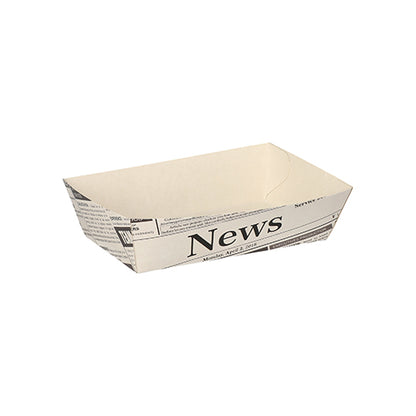 Die PAPSTAR 50 Pommes-Frites-Schalen weiss „Newsprint“ der PAPSTAR GmbH sind rechteckige, flache Papierschalen im auffälligen „News“-Design – ideal zum Servieren von Pommes Frites bei jeder Grillparty.