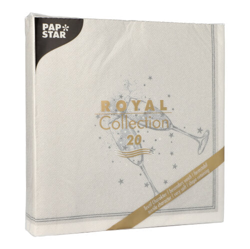De PAPSTAR GmbH 20 servietter "ROYAL Collection" (1/4-brett, 40x40cm) kommer i en kvadratisk hvit pakke med minimalistisk champagneglass-design - perfekt for en stilfull borddekorasjon.