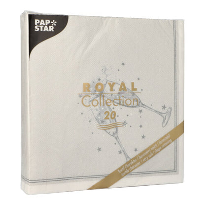 De PAPSTAR GmbH 20 servietter "ROYAL Collection" (1/4-brett, 40x40cm) kommer i en kvadratisk hvit pakke med minimalistisk champagneglass-design - perfekt for en stilfull borddekorasjon.