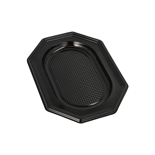 Die Starpak 10 Servierplatten, PET schwarz von Starpak sind schwarze, achteckige Kunststoffplatten mit strukturierter ovaler Mitte und glatten Kanten, ideal für Catering-Events und auf weißem Hintergrund abgebildet.