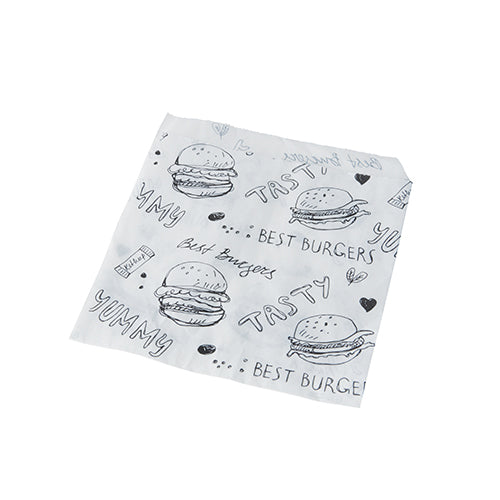 Las bolsas para hamburguesas PAPSTAR de 13x13 cm, blancas, de la PAPSTAR GmbH muestran motivos de hamburguesas dibujados a mano en negro y frases como "BEST BURGERS", "TASTY" y "YUMMY", así como pequeños corazones y puntos: el embalaje perfecto y elegante para hamburguesas (1000 piezas).