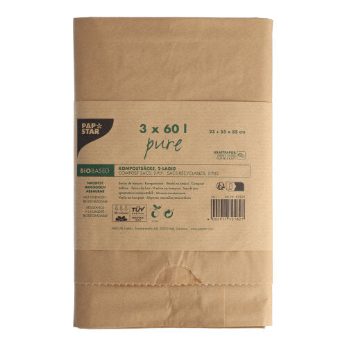 Pictured is a 3-pack of PAPSTAR paper compost bags "pure", 60 l, 2-ply, brown with a band and printed product information/recycling symbols from PAPSTAR GmbH against a white background. Each paper bag holds up to 60 liters of organic waste.