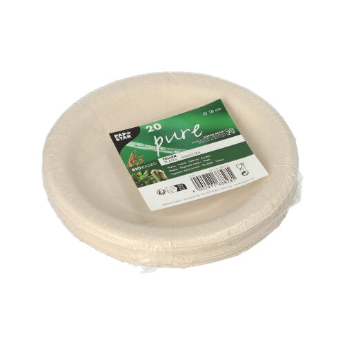 Ein Stapel runder PAPSTAR „pure“-Teller aus landwirtschaftlichen Reststoffen, in Plastikfolie verpackt. Auf dem Etikett ist die PAPSTAR GmbH zu sehen, es handelt sich um 20 kompostierbare und biologisch abbaubare Teller.