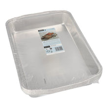 Eine Packung mit fünf rechteckigen Starpak-Aluminium-Bratschalen (3,15 l, 5 × 25 × 36,6 cm, Silber), eingewickelt in durchsichtige Schrumpffolie, mit einem oberen Etikett mit Gebrauchsanweisungen und einem Lebensmittelbild.