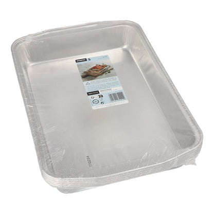 Eine Packung mit fünf rechteckigen Starpak-Aluminium-Bratschalen (3,15 l, 5 × 25 × 36,6 cm, Silber), eingewickelt in durchsichtige Schrumpffolie, mit einem oberen Etikett mit Gebrauchsanweisungen und einem Lebensmittelbild.