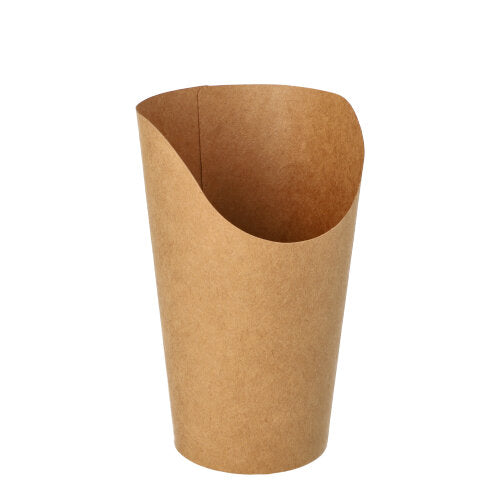 De PAPSTAR 50 Wrap Cups, brun papp fra PAPSTAR GmbH står oppreist med skrå, åpen topp foran hvit bakgrunn – perfekte miljøvennlige Wrap Cups for fester og arrangementer.