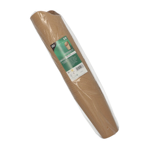 En rull med 50 PAPSTAR Wrap Cups, brun papp fra PAPSTAR GmbH, ideelle for miljøvennlige Wrap Cups på fester og arrangementer, delvis pakket inn i klar folie med en grønn-hvit infoetikett på forsiden.