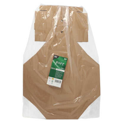 En 20-pakning PAPSTAR burgerbokser av papp "pure" fra PAPSTAR GmbH, delvis pakket i klar plastfolie med grønn-hvit etikett – ideell for miljøvennlig transport og i design likt som skjortebærere.