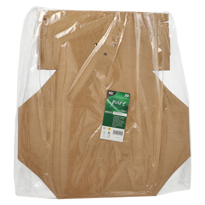 En stabel med flate, brune PAPSTAR 20 burgerbokser, papp "pure" fra PAPSTAR GmbH er pakket i klar plastfolie og har en grønn-hvit etikett med produktinformasjon på forsiden.
