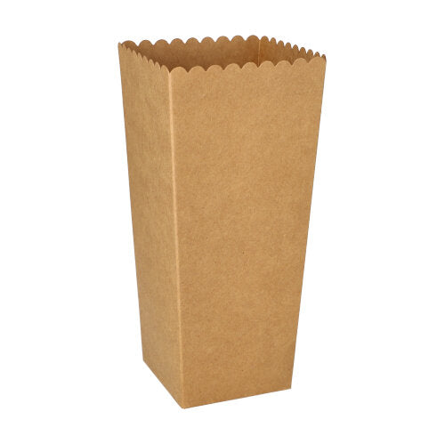 Die PAPSTAR Popcorn-Boxen eckig, braun (19,7x7x7 cm, 100 Stück) der PAPSTAR GmbH stehen aufrecht auf weißem Untergrund - ideal für den nächsten Kinoabend.