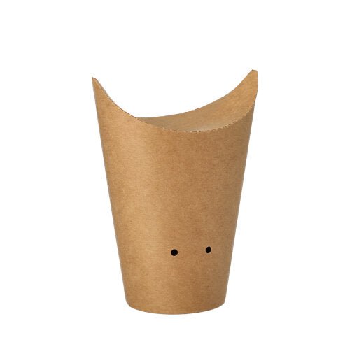 El PAPSTAR 50 soporte para papas fritas de cartón marrón (Ø 6 cm) de PAPSTAR GmbH es biodegradable, de forma redonda, con una abertura adicional y dos pequeños agujeros en la parte inferior, presentado frente a un fondo blanco.