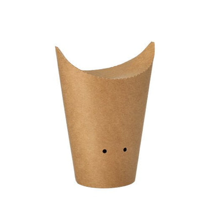 El PAPSTAR 50 soporte para papas fritas de cartón marrón (Ø 6 cm) de PAPSTAR GmbH es biodegradable, de forma redonda, con una abertura adicional y dos pequeños agujeros en la parte inferior, presentado frente a un fondo blanco.