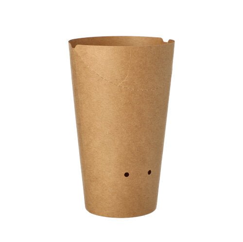 El PAPSTAR 50 soporte para papas fritas, un contenedor de cartón marrón redondo (Ø 6 cm) de la PAPSTAR GmbH, con un borde superior abovedado y dos pequeños agujeros en la parte inferior, fotografiado frente a un fondo blanco.