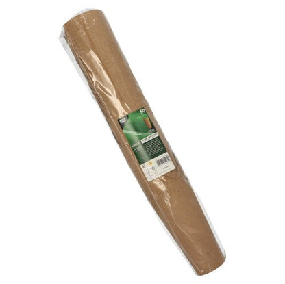 Un PAPSTAR 50 soporte para papas fritas (redondo, Ø 6 cm, marrón) de la PAPSTAR GmbH está representado diagonalmente sobre un fondo blanco, envuelto en papel de aluminio con una etiqueta verde y blanca con texto e iconos.