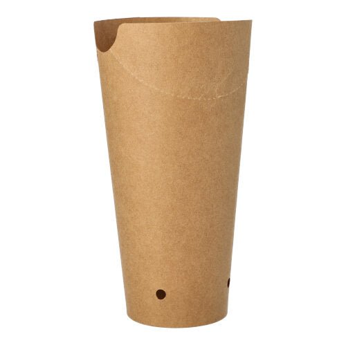 Un solo PAPSTAR 50 soporte para papas fritas, cartón redondo Ø 6 cm marrón de la PAPSTAR GmbH se encuentra de pie con dos pequeños agujeros cerca de la parte inferior frente a un fondo blanco simple.
