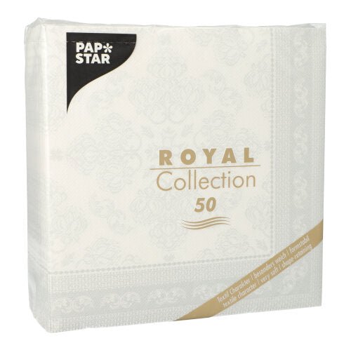 Un paquete blanco de PAPSTAR GmbH contiene 50 servilletas de 1/4 pliegue "ROYAL Collection", 40 x 40 cm, con bordes decorativos dorados y negros.