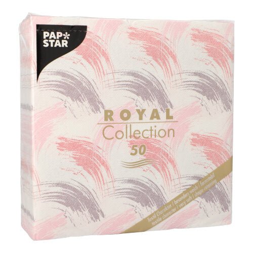 Un paquete de PAPSTAR GmbH 50 servilletas "ROYAL Collection" 1/4-pliegue, 40 x 40 cm, en burdeos. La etiqueta en la parte frontal muestra "50" servilletas y detalles del producto en varios idiomas.
