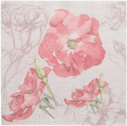 Die PAPSTAR 50 Servietten "ROYAL Collection" 1/4-Falz 40 x 40 cm rosa von PAPSTAR GmbH zeigt rosa Blüten und Knospen auf hellem Grund mit dezenten floralen Konturen.