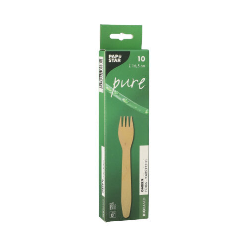 Eine grüne „PAPSTAR“-Box mit der Aufschrift „pure“ enthält 10 umweltfreundliche Holzgabeln (16,5 cm) aus nachhaltigem Holz, mit dem Produktnamen „PAPSTAR 10 Gabeln, Holz pure“ und einer Gabelabbildung auf der Verpackung.