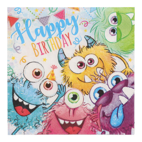 Eine lebendig illustrierte Geburtstagskarte mit fünf Cartoon-Monstern und "Happy Birthday" in Blau und Gelb passt perfekt zu PAPSTAR GmbH 20 Servietten, 33 cm x 33 cm, 3-lagig, Design Set 4.