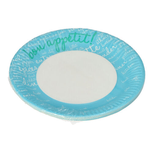 PAPSTAR 10 Teller, Pappe rund Ø 23 cm von PAPSTAR GmbH: Runde Einwegteller mit blauem Rand und weißer Handschrift („Guten Appetit!“ in Grün), ideal für Partys und Veranstaltungen. Die Mitte ist schlicht weiß.