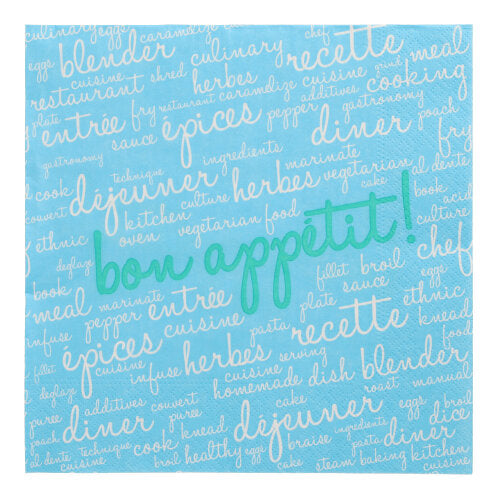 Die 20 Servietten (40 x 40 cm, 3-lagig, 1/4-Falz) der PAPSTAR GmbH bestehen aus blauen Servietten mit französischen und englischen kulinarischen Worten in Weiß und Grün – eine Kombination aus stilvollem Design und hoher Qualität für einen eleganten Tisch.