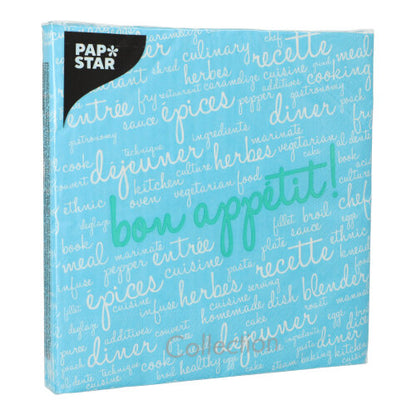 Die PAPSTAR 20 Servietten (40x40 cm, 3-lagig, 1/4-Falz) der PAPSTAR GmbH werden in einer hellblauen Verpackung mit dem weiß-blaugrünen Text „Guten Appetit“ zum Thema Essen und dem Markenlogo in der oberen linken Ecke geliefert.