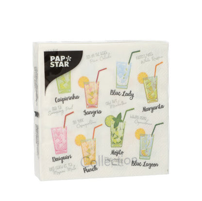 Las 20 servilletas (25x25 cm, 3 capas, 1/4 pliegue) de la PAPSTAR GmbH están adornadas con ilustraciones y nombres de cócteles como Caipirinha, Mojito y Margarita, ideal para una decoración de mesa elegante.
