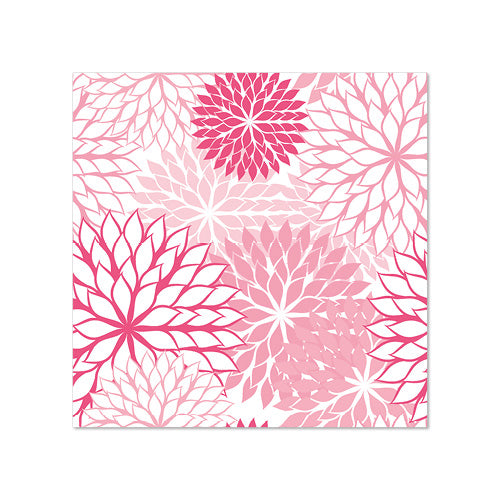 Las 20 servilletas de PAPSTAR GmbH, 25 cm x 25 cm, 3 capas, presentan un patrón simétrico repetido de motivos florales superpuestos en rosa y rojo con pétalos puntiagudos y espacio blanco, plegado en un 1/4 pliegue.