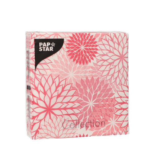Un paquete cuadrado con 20 servilletas PAPSTAR (25 cm x 25 cm, 3 capas, 1/4 pliegue) de PAPSTAR GmbH con un diseño floral rosa-blanco con grandes flores y un logo negro de PAP STAR en la esquina superior izquierda.