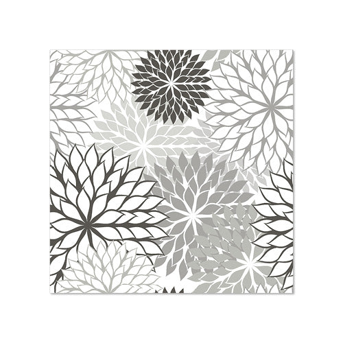 PAPSTAR 20 servilletas (25 x 25 cm, 3 capas, 1/4 pliegue) de la PAPSTAR GmbH muestran un patrón floral cuadrado con pétalos puntiagudos en negro, gris y blanco sobre fondo blanco, perfecta decoración de mesa con flores distribuidas uniformemente de diferentes tamaños.
