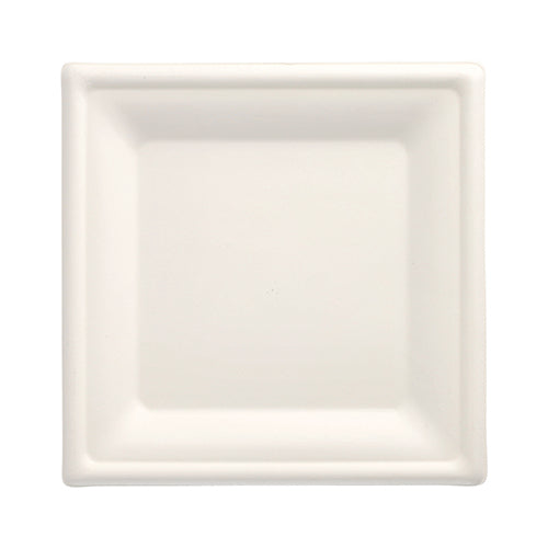 The PAPSTAR 100 plates, sugarcane "pure" square in white by the PAPSTAR GmbH is a square, minimalist plate with a raised edge. Made from biodegradable sugarcane, it offers an eco-friendly alternative to disposable plates. Pictured against a white background.